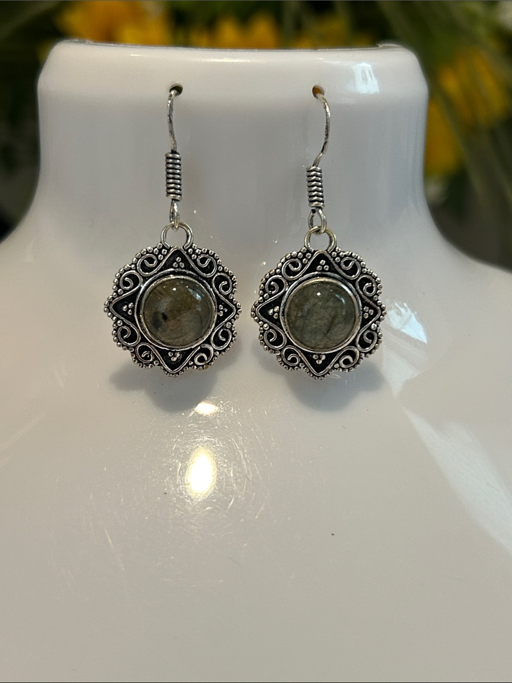 Hand Crafted Silver-Tone Filigree Earrings with Green Stone